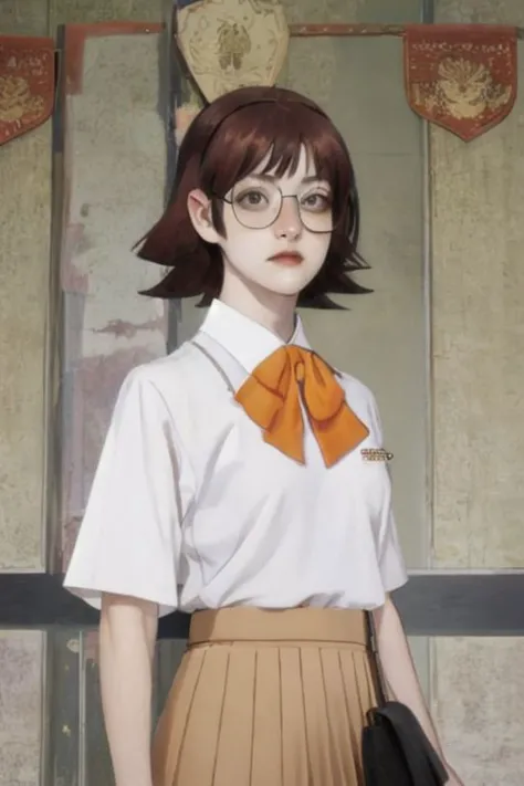 masterpiece, detailed, best quality, HD, UHD, best quality, highres, mira_yoo, short hair, brown eyes, brown hair, 1girl, solo, skirt, shirt, bow, school uniform, white shirt, ahoge, short sleeves, pleated skirt, glasses, bowtie, green skirt, Standing with hands on hips, <lora:mira_yoo:0.85>