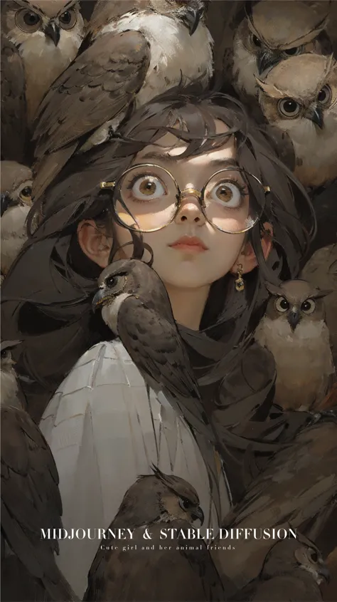A girl with glasses, Realistic girl face, surrounded by many owl, barroco, anime aesthetic, Giant owl, owl fill the picture, bla...