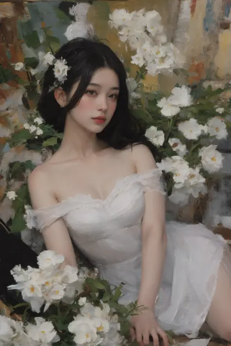  (oil painting:1.5),
\\
a woman with long black hair and white flowers in her hair is laying down in a field of white flowers, (amy sol:0.248), (stanley artgerm lau:0.106), (a detailed painting:0.353), (gothic art:0.106)