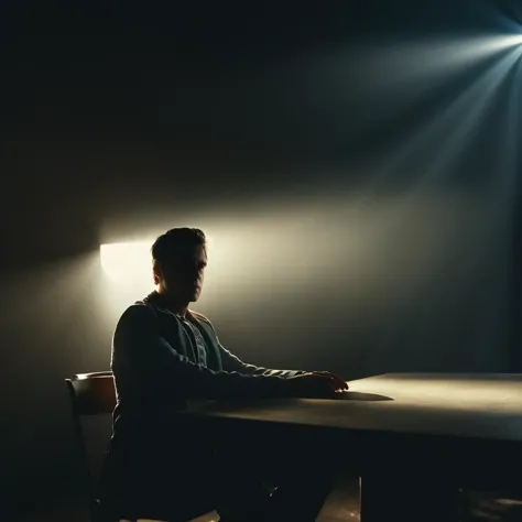 cinematic film still of  <lora:volumetric lighting:1> volumetric lighting style
a man sitting at a table in a dark room with str...