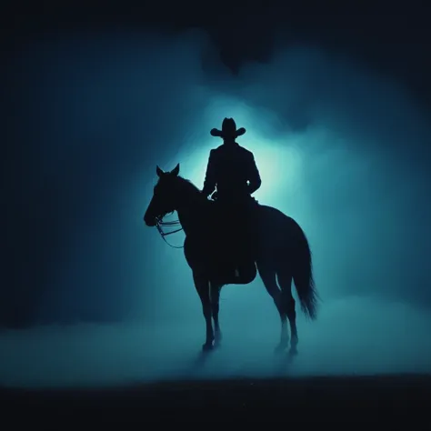 cinematic film still of  <lora:volumetric lighting:1> volumetric lighting style
a silhouette man dressed in cowboy costume, riding a horse in the dark at night, outdoors, street, blue light, blue street light, blue smoke light, solo,1boy,monochrome,male focus,from behind,animal,silhouette,dark,horse , volumetric lighting, haze light, fog light, beam light, heading to the camera, shallow depth of field, vignette, highly detailed, high budget, bokeh, cinemascope, moody, epic, gorgeous, film grain, grainy