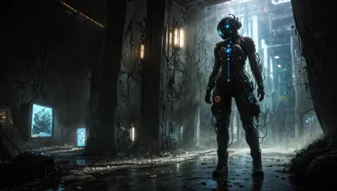 a woman in a futuristic suit stands in a dark room