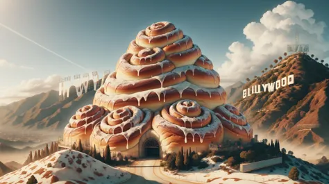 a close up of a giant doughnut tower with a hollywood sign in the background