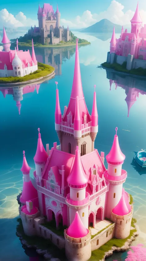 Pink colored <lora:BarbieCore:0.8> BarbieCore a magical city with a castle perched on a floating island above, (shiny plastic:0....