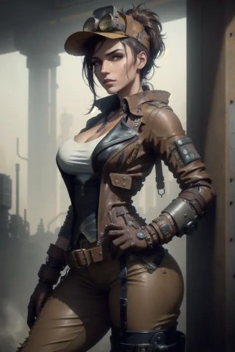 solo, masterpiece, best quality, perfect face, body shot of a steampunk mechanic girl wearing tan leather pants, sexy, dirty skin, buckles and straps, dirty metal, dystopian, dreary, apocalyptic, foggy, mechanical, industrial factory, (steampunk:1.2), intr...