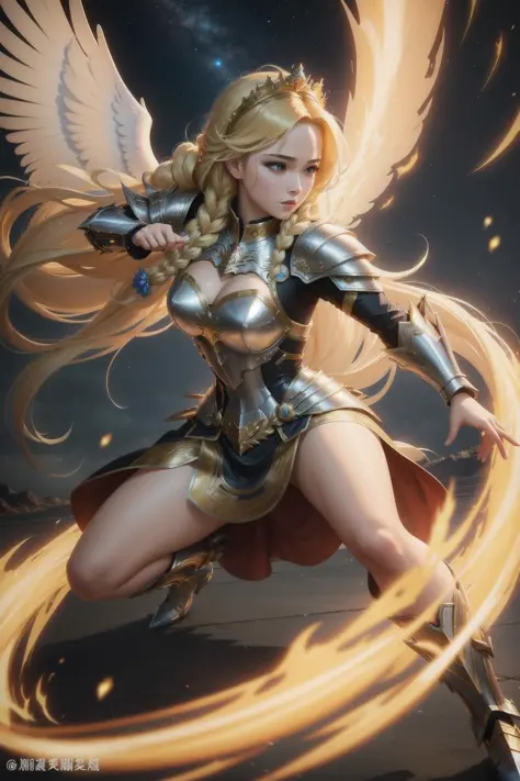 solo, masterpiece, best quality, 1 girl, princess, royalty, long blonde braided hair, metal armored dress, full body, fighting stance, dynamic angle, wing hair ornament