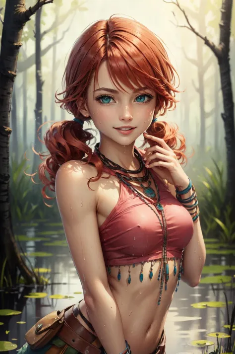 (masterpiece, best quality:1.4), (skindentation), perfect face, perfect eyes, vanille, necklace, bracelets, pink crop top, upper body, smile, closed mouth, smile, looking at viewe, in a (swamp:1.2), midriff, very wet body and clothes, <lora:vanille-nvwls-v...