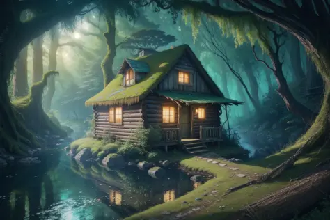 An enchanted forest, decrepit cabin on a rocky bank, abandoned, overgrown, mossy, clear river, lush, mystical, fantasy