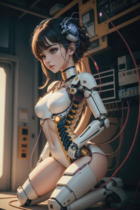 solo, masterpiece, best quality, perfect face, frontal body shot of an ((extremely delicate and beautiful)),(cute delicate face),cinematic light,((1mechanical girl)),(machine made joints:1.4),((machanical limbs)),(blood vessels connected to tubes),((mechan...