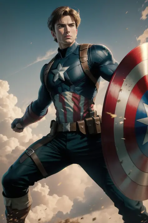 solo, masterpiece, best quality, medium shot of Captain America, marvel, fighting stance, dynamic angle