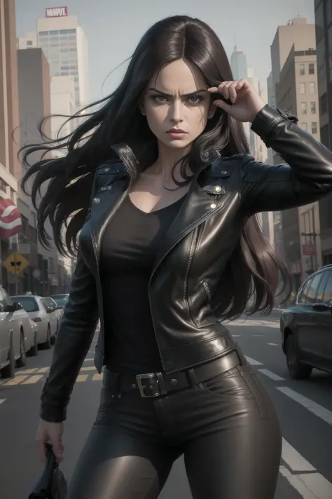 solo, masterpiece, best quality, medium shot of Jessica Jones private investigator, long black hair, tough pose, leather jacket, jeans, marvel, fighting stance, dynamic angle
