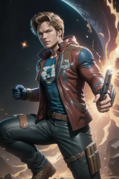 solo, masterpiece, best quality, medium shot of Star-Lord, marvel, fighting stance, dynamic angle