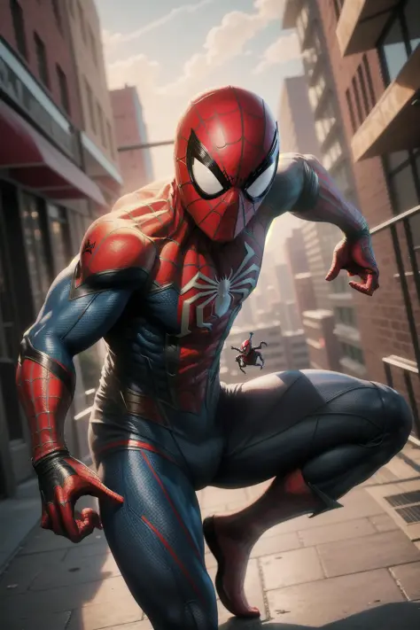 solo, masterpiece, best quality, medium shot of Spider-Man, marvel, fighting stance, dynamic angle