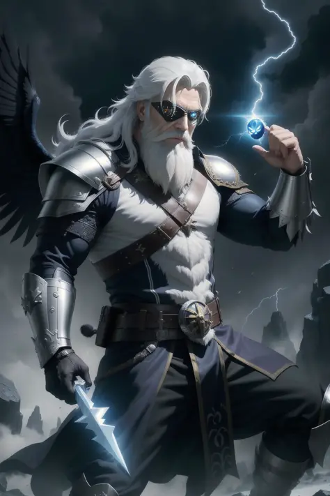 solo, masterpiece, best quality, medium shot of Odin old man god, eyepatch one eye, big white beard, metallic dark shiny armor. Raven pet animal. Lightning magic, marvel, fighting stance, dynamic angle