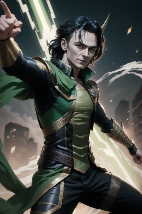 solo, masterpiece, best quality, medium shot of Loki god of mischief, marvel, fighting stance, dynamic angle
