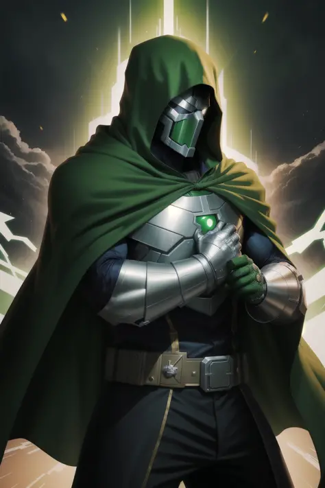 solo, masterpiece, best quality, medium shot of Doctor Doom Green suit, cape. Metal mask covering face, marvel, fighting stance, dynamic angle