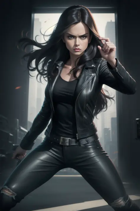 solo, masterpiece, best quality, medium shot of Jessica Jones private investigator, long black hair, tough pose, leather jacket,...