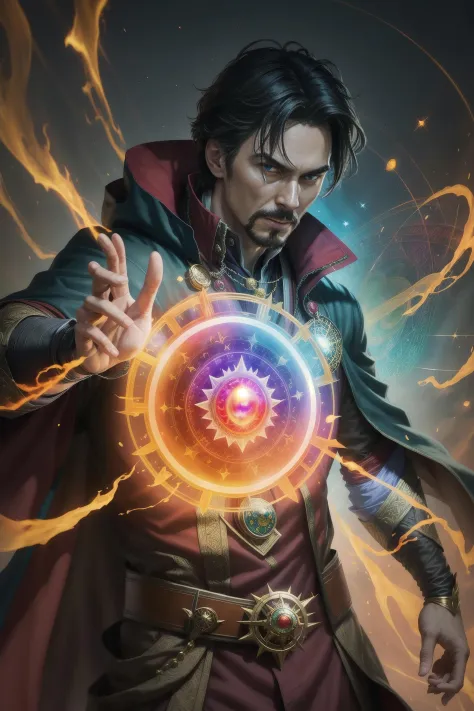 solo, masterpiece, best quality, medium shot of Doctor Strange Master of mystical arts. Eye of agamotto magical amulet. Magical spells. Floating. Cape, marvel, fighting stance, dynamic angle