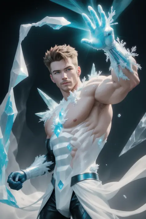 solo, masterpiece, best quality, medium shot of Iceman man made out of ice and frost, crystal frost ice body and skin, flying and shooting frost rays from his hands, marvel, fighting stance, dynamic angle
