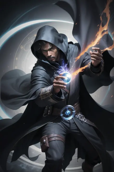 solo, masterpiece, best quality, medium shot of Cloak black guy with a dark cloak, big swirling shapes, mystical cloak with infinity inside, marvel, fighting stance, dynamic angle