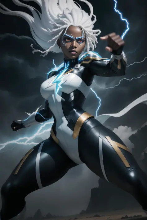 solo, masterpiece, best quality, medium shot of Storm woman with black skin and white hair and glowing eyes and lightning and wind powers, marvel, fighting stance, dynamic angle