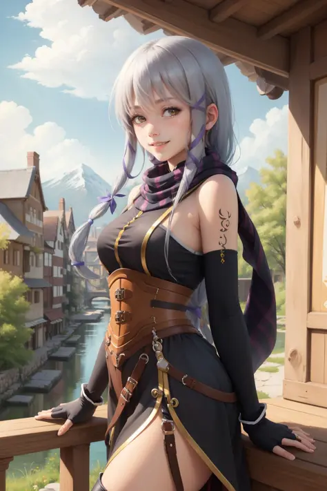 masterpiece, best quality, clair lasbard, long ponytail, hair ribbon, striped scarf, black dress, corset, belt, fingerless gloves, thigh boots, standing, looking at viewer, smile, village, tree, from side<lora:clairlasbard-nvwls-v2-000012:0.9>