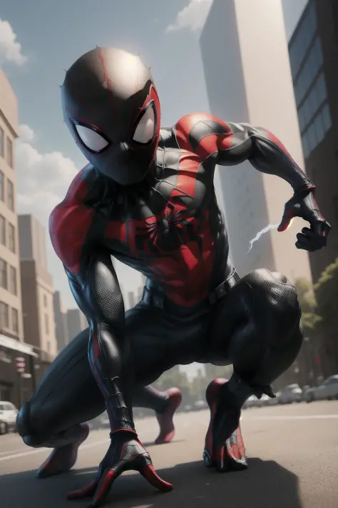 solo, masterpiece, best quality, medium shot of Miles Morales Spider-Man Black spider suit fighting stance, dynamic angle