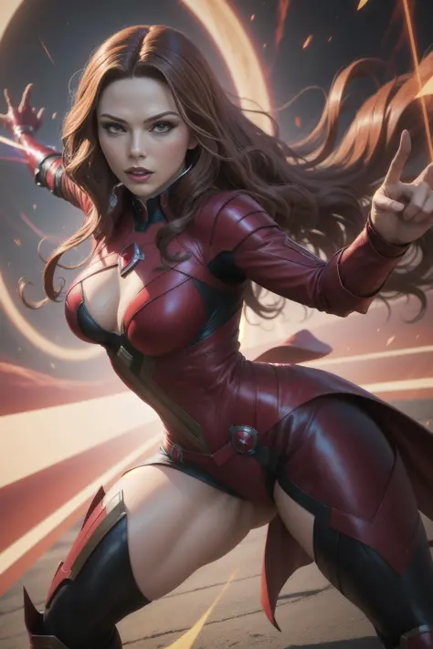 solo, masterpiece, best quality, medium shot of Scarlet Witch, marvel, fighting stance, dynamic angle