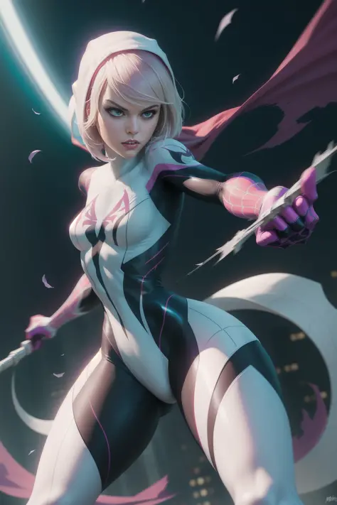 solo, masterpiece, best quality, medium shot of Spider-Gwen, marvel, fighting stance, dynamic angle