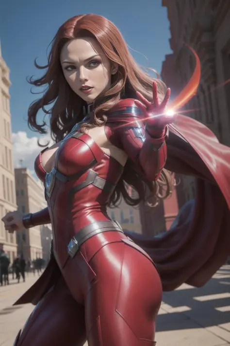 solo, masterpiece, best quality, medium shot of Scarlet Witch, marvel, fighting stance, dynamic angle