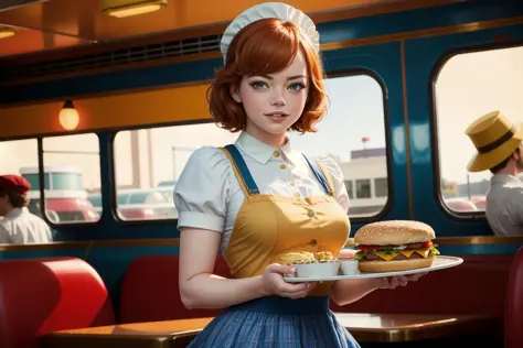 solo, masterpiece, best quality, Emma Stone as a waitress in a vintage diner, (crowd:1.2), vintage hairstyle, frilled skirt, hamburger on a tray
