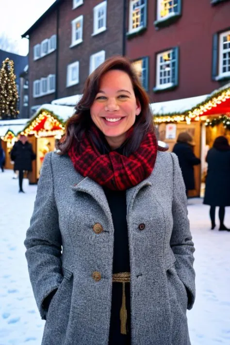 a woman standing in front of a building with a christmas tree