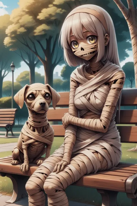 anime manga artbook illustration  of a mummified girl sitting on a park bench, cute dog next to it <lora:mummified_sdxl:0.8>