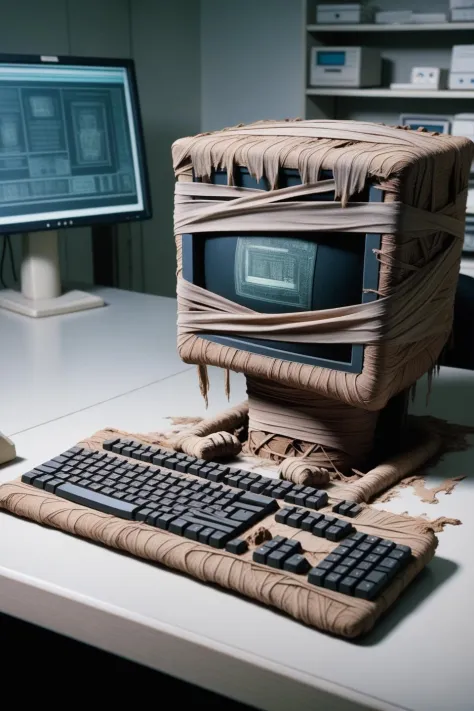 photo of a mummified computer on a desk in a laboratory, masterpiece, retro  <lora:mummified_sdxl:0.8>