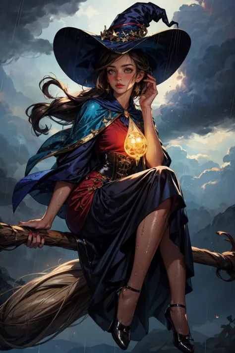 1 girl, adult polish woman,  brown eyes, light brown wedge cut hair, 
(style-swirlmagic:0.8), portrait, looking away, solo, upper body, detailed background,   witch hat, witch, (glowing eyes:1.1), hair flowing in the wind, red trimmed light colored clothes, (full body:1.3), (sitting on flying broomstick:1.2),  (cloudy sky in background:1.1),    colorful  swirling elemental weaves in the air,   dim light, rain, wet, drenched,  magical atmosphere,