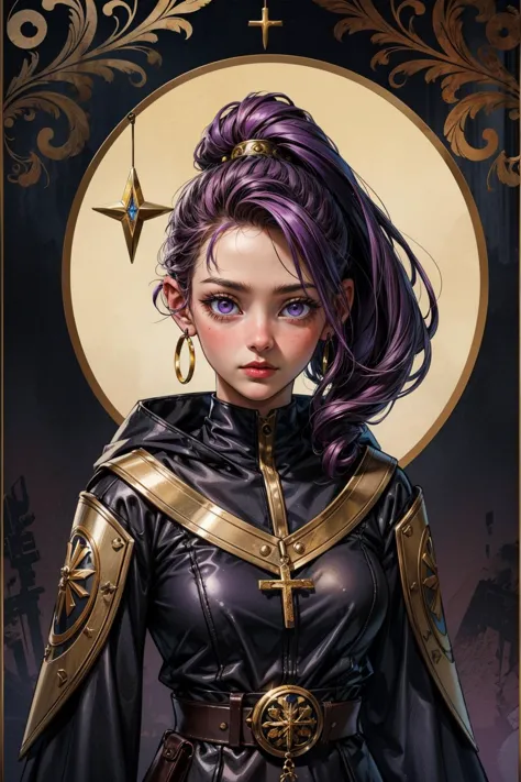 a woman with purple hair and a black leather outfit