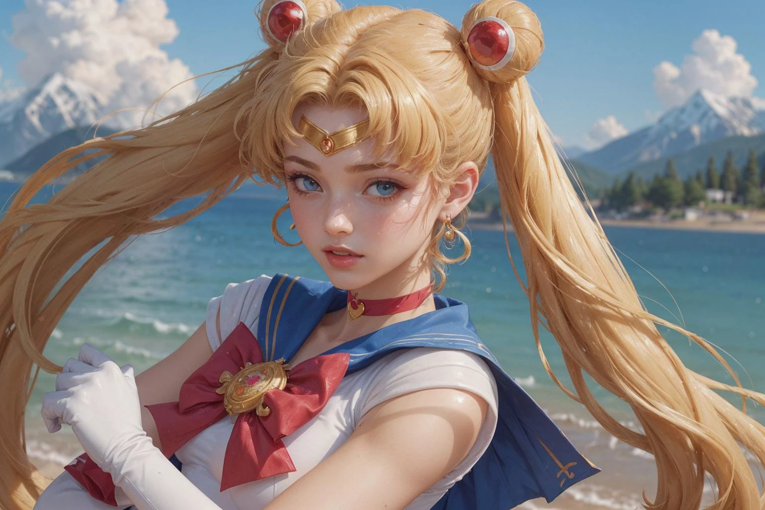 , day, clouds, Mountain Peak, more detail,(SkinHairDetail:1.2),(aausagi, double bun, twintails, parted bangs, circlet, jewelry, earrings, choker, red bow, white gloves, elbow gloves, blue skirt:1.2)