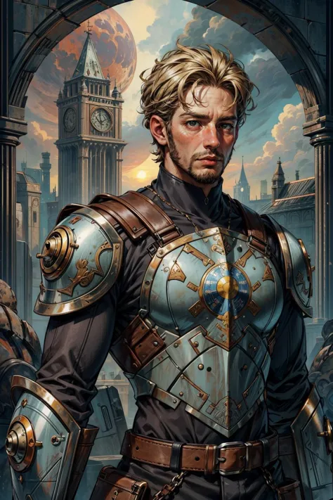 (1man, masculine adult portuguese male:1.2),  black eyes, yellow hair, fade with goatee, 
 solo, upper body, looking away, detailed background, detailed face, (junker, scifi,  oxidetech theme:1.1), footsoldier, guarding, stoic, shield, leather armor,  emblem,  tower in background, fortified,  sunset, medieval atmosphere,