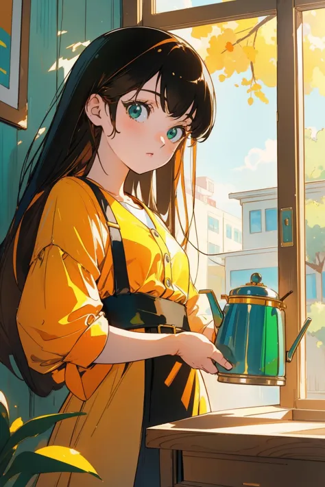 1girl, [ (anime art designed by Satoshi Kon:1.2) | (Anton Raphael Mengs:0.8) ], manga art, awardwinning cloisonné of a Rule of Thirds, New Wave ([Electric kettle:Dollhouse:2]:1.3) , the Electric kettle is very Memecore Art and Shiny, it is inspired by Levi's, it is made from Marigold, behance, inside a Contemporary city street, Maori city and nature, Summer, shallow depth of field, Masterpiece, Shameless, award winning, New Wave Art, Warm lighting, F/14, Hypersaturated, crisp lines, Green and electric orange splash, 8K, beautiful, beauty, science fiction, key visual