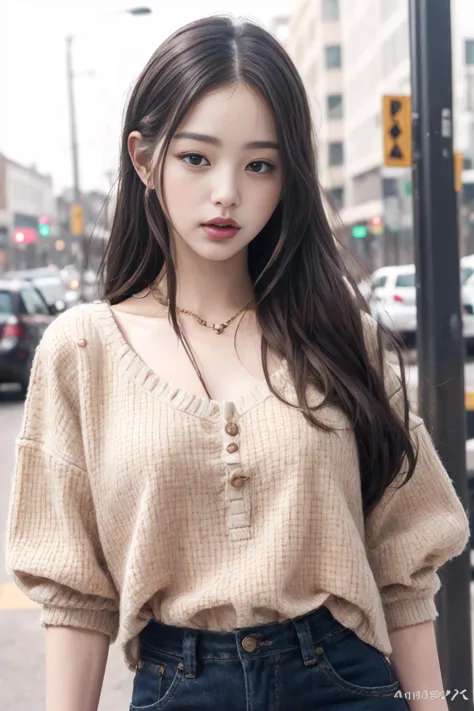 a woman with long hair and a tan shirt is standing on the street