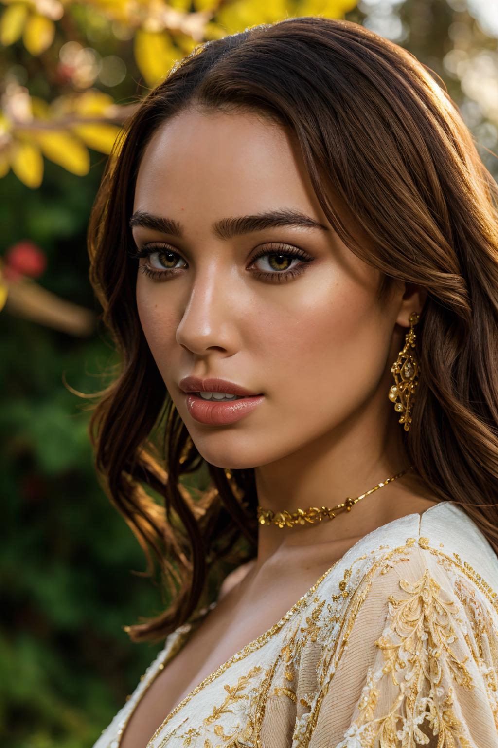 A woman with long hair and gold earrings posing in front of a green plant -  SeaArt AI