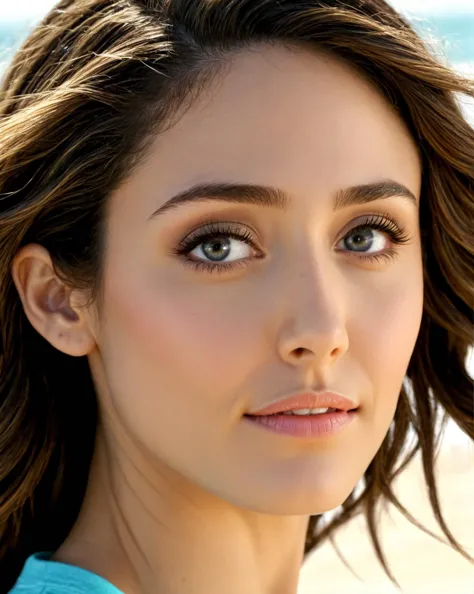 <lora:emmy_rossum_loha:0.8> 3mmy, emmy rossum, professional photo. closeup headshot, a gorgeous female, on a (beach:1.2), wearin...