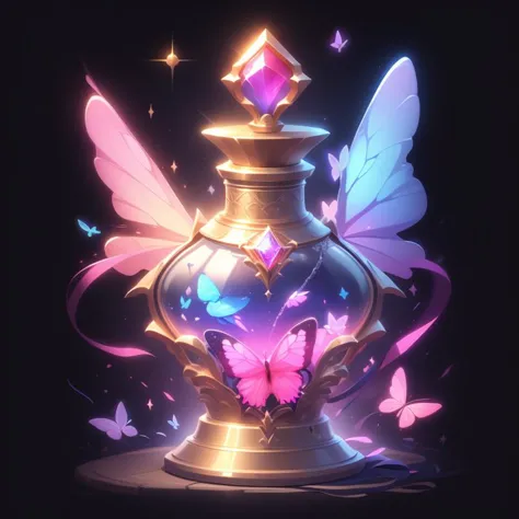 a close up of a glass vase with butterflies and a star