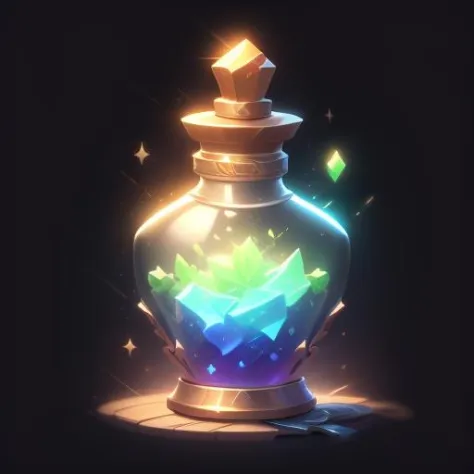 game icon institute, game icon, bottle,  sparkle, , light particles, black background,green,<lora:game icon institute_yanjiusuopingzi_v3-000020:0.8>