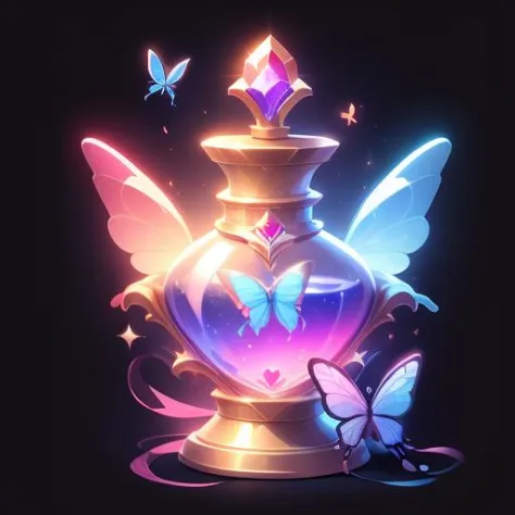 game icon institute, game icon, bottle, no humans, still life, simple background, flower, butterfly, black background, wings, sparkle, soul gem, pink flower, gem, light particles, bow,<lora:game icon institute_yanjiusuopingzi_v3-000020:0.8>