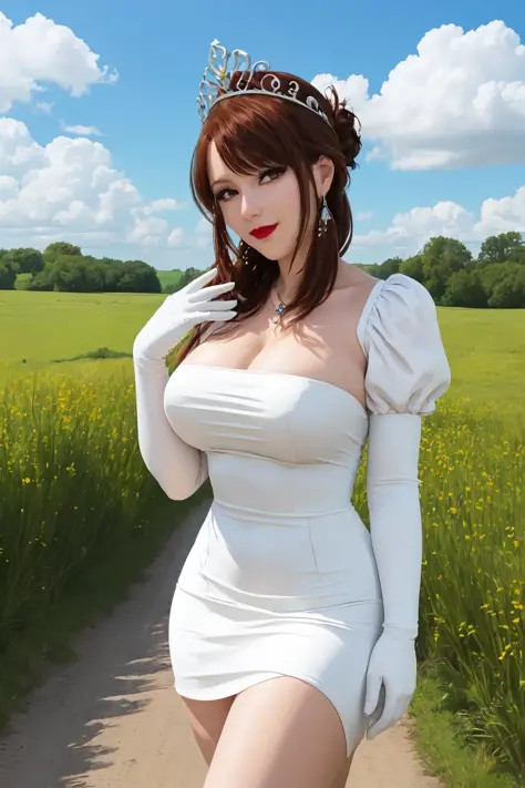Meadow, pasture, dirt road, clear sky with some clouds, bushes,depravity,thick thighs, large breasts,woman,white dress, elbow gl...