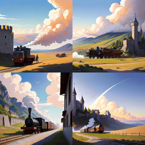 classical น้ำมัน painting of anime key visual environment concept art of rail canon artillery firing over castle walls, ควันเศษซาก, แฟนตาซี Steampunk ที่น่ากลัว, กำลังฮิตบน artstation, จังหวะแปรง, น้ำมัน, ผ้าใบ, สไตล์ของ Kawacy Makoto Shinkai Jamie Wyeth James Gilleard Edward Hopper Greg Rutkowski, อนุรักษ์ไว้ทางประวัติศาสตร์