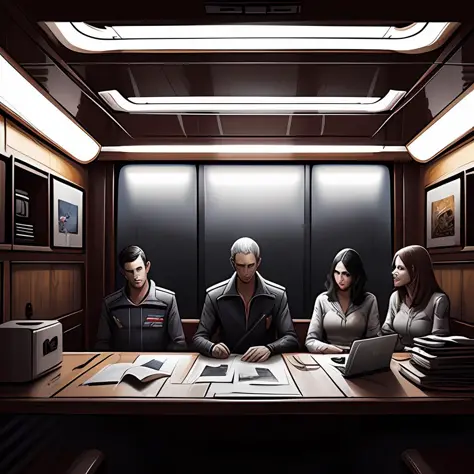 concept art by greg rutkowski, a very tall, and slender man with short black hair, sitting with the crew in the ship's bridge, b...