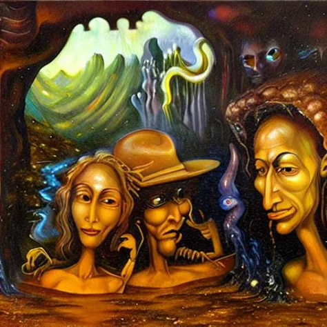  (((portrayed by wjqreonarg))), a surreal oil painting, man and woman in a fabled cavern 
