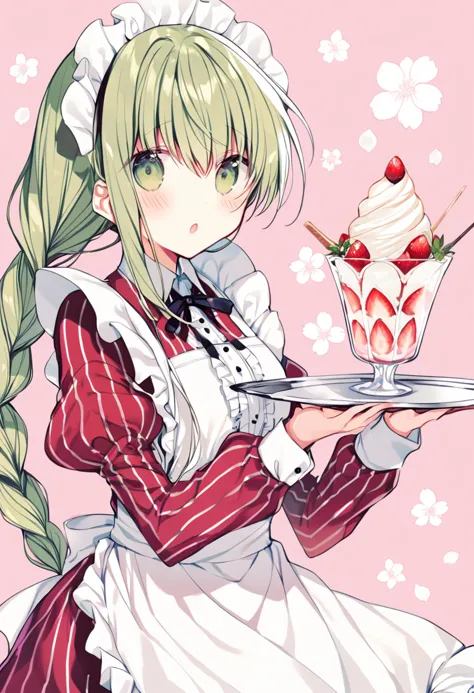 1girl, cecilia \(shiro seijo to kuro bokushi\), official art, green eyes, solo, maid headdress, parfait, eyebrows visible through hair, blush, maid, tray, green hair, food, holding tray, parted lips, looking at viewer, white apron, juliet sleeves, frills, :o, very long hair, hair between eyes, striped dress, frilled apron, strawberry, neck ribbon, floral background, pink background, hair bow, maid apron, single braid, red dress, braided ponytail, alternate costume, black ribbon, blonde hair, fruit, blue bow, ice cream, enmaided, twin braids, white flower, center frills, vertical stripes, black neckwear, upper body, sidelocks, shirt, puffy long sleeves, collared dress, waist apron, open mouth, shiny hair, collared shirt, shiny, twintails, holding plate, plate, waitress <lora:cecilia_shiro_seijo_sdxl_locon_ani_v1:0.7>